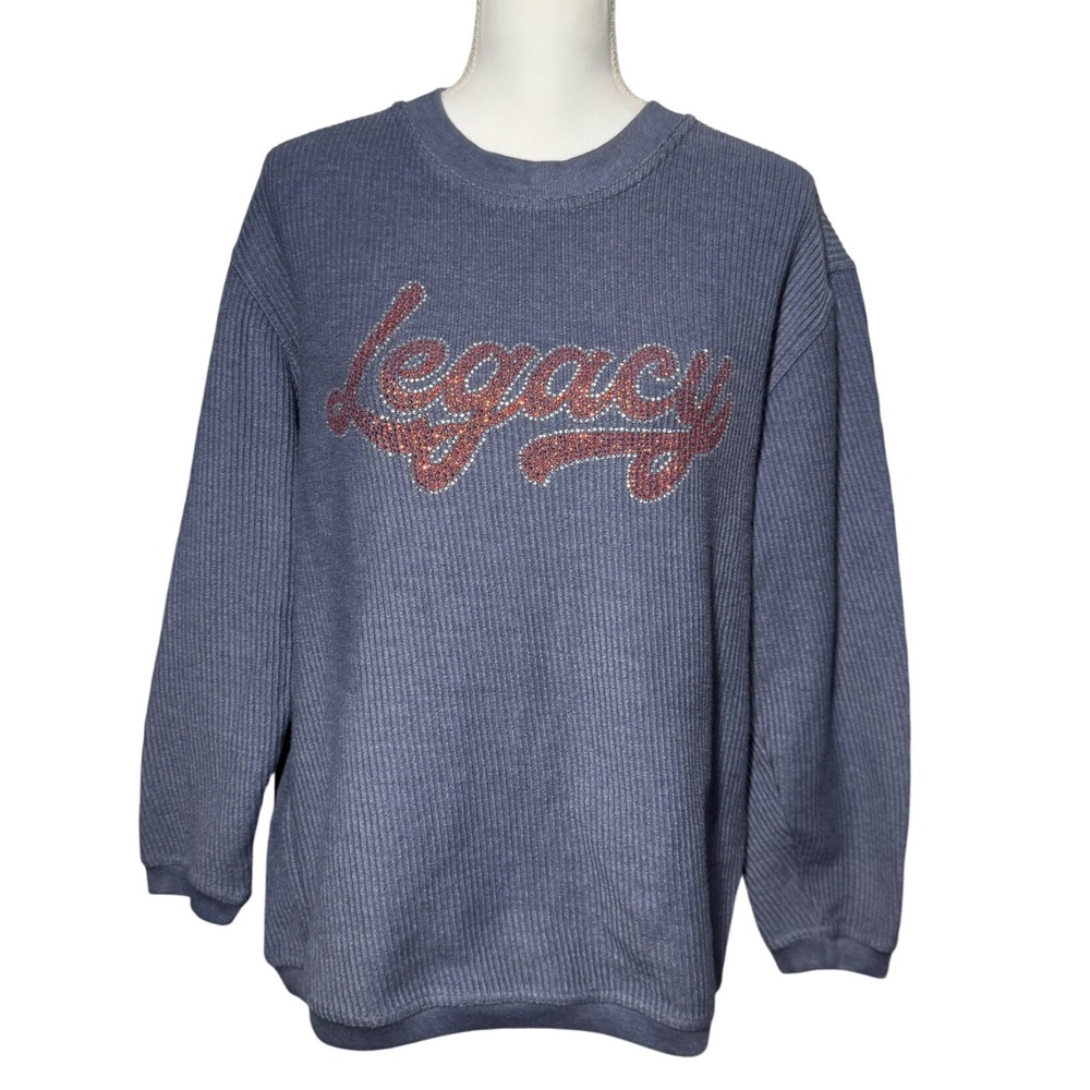 Pennant Sportswear Legacy Ribbed Pullover Sweatshirt Size M Blue Rhinestone
